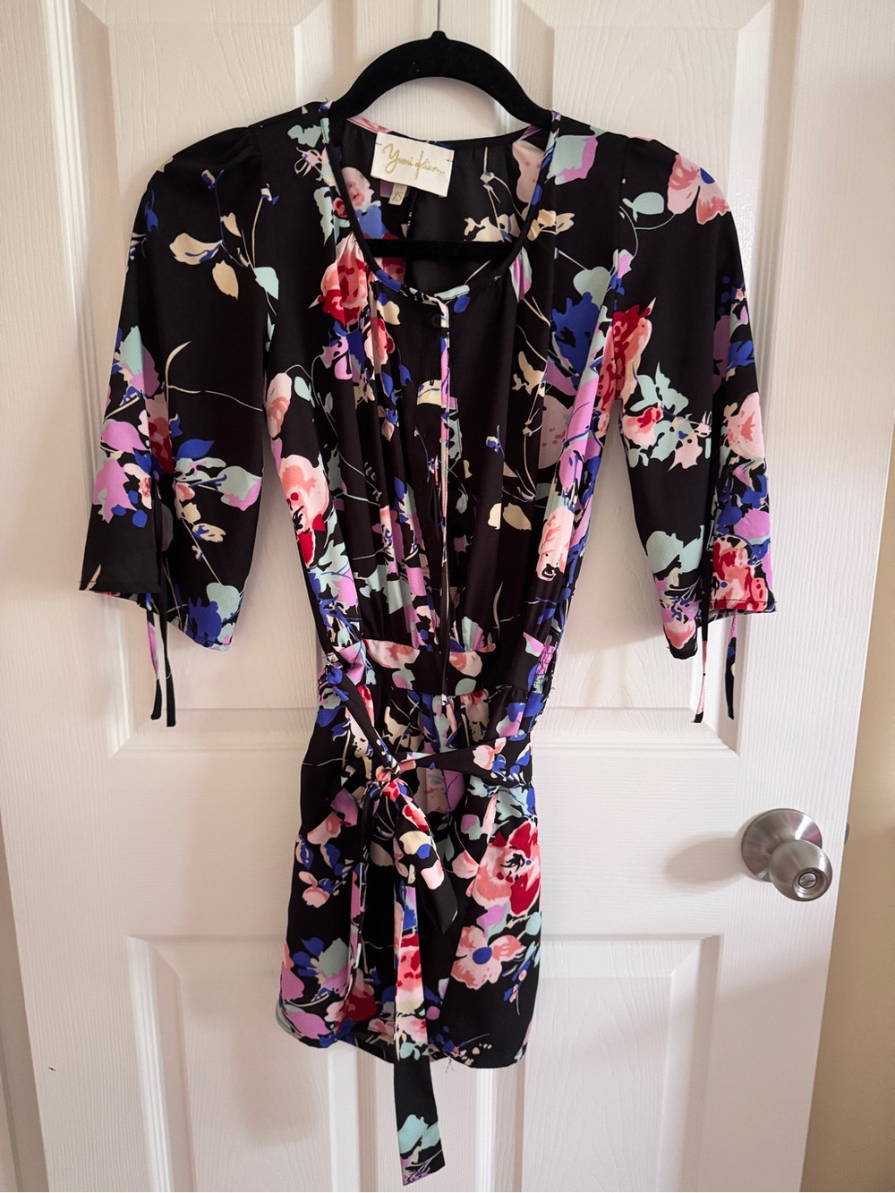 Yumi Kim Black Floral Tie-Waist Mini Dress